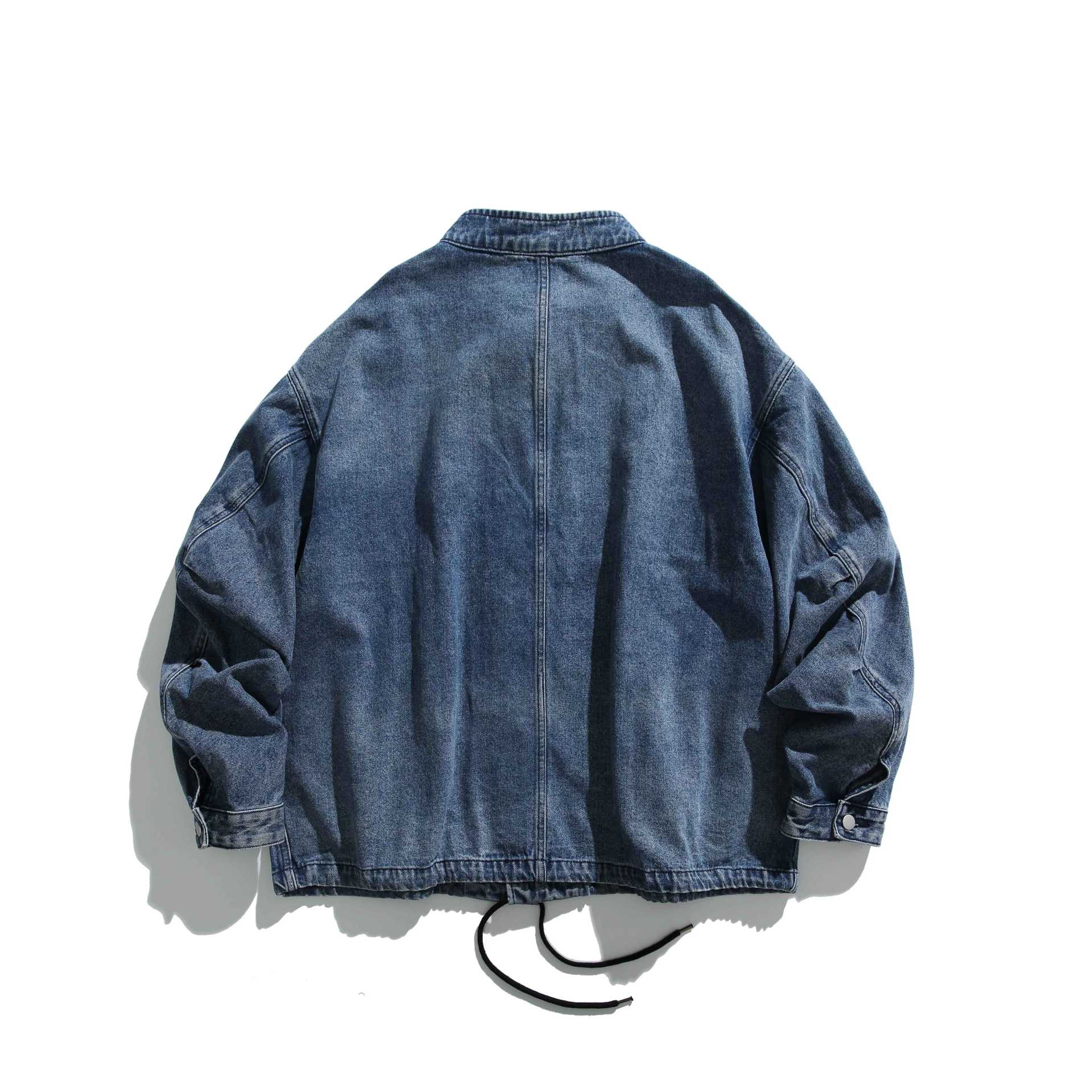 Unisex Short Cut Denim Utility Blouson with Stand Collar and Drawstring Chichicherry