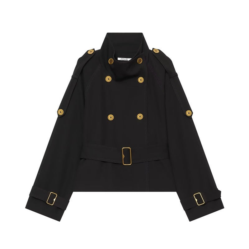 Women's Short Double-Breasted Trench Coat with Waistbelt, Epaulettes and Gold-Colored Details Chichicherry