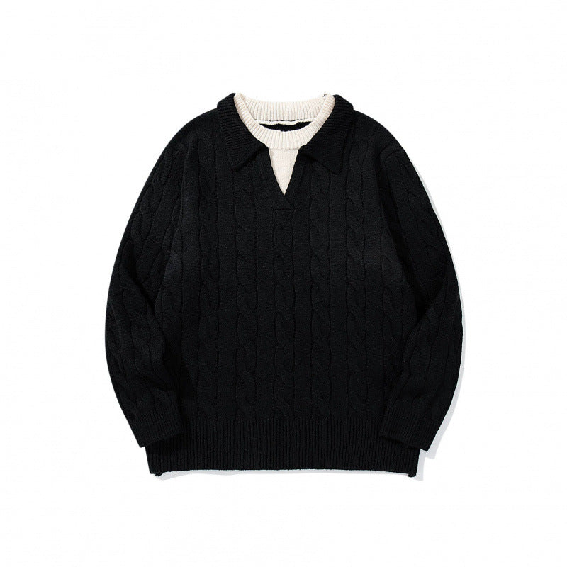 Men's chunky knit cable pattern sweater with polo collar and V-neck Chichicherry