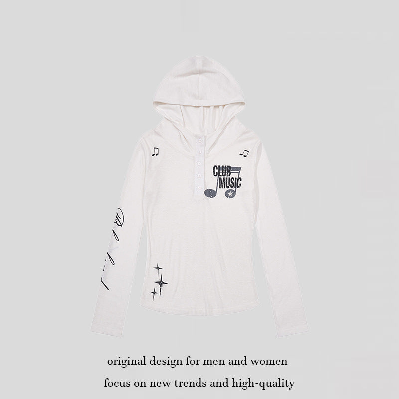 Women's Lightweight Long Sleeve Hoodie Henley Shirt with Button Placket, Hood and Music Print Chichicherry