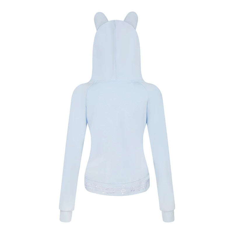 Women's hooded sweat jacket with bear ears, zipper, musical print and polka lining Chichicherry