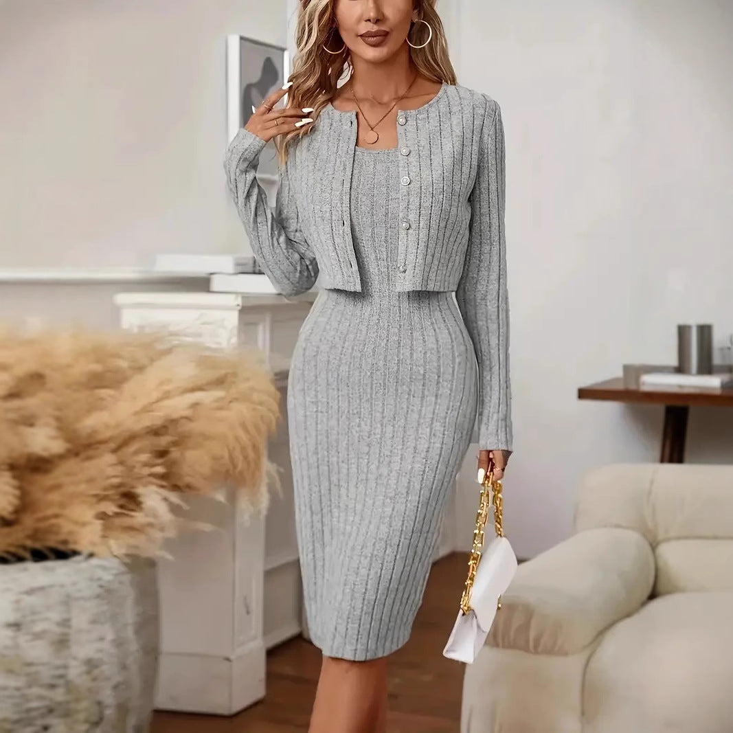 Women Ribbed Knit Midi Dress with Matching Short Jacket Chichicherry