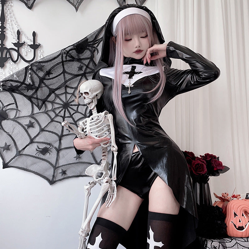 Women Gothic Nun Costume with expressive design and transparent overlay skirt Chichicherry