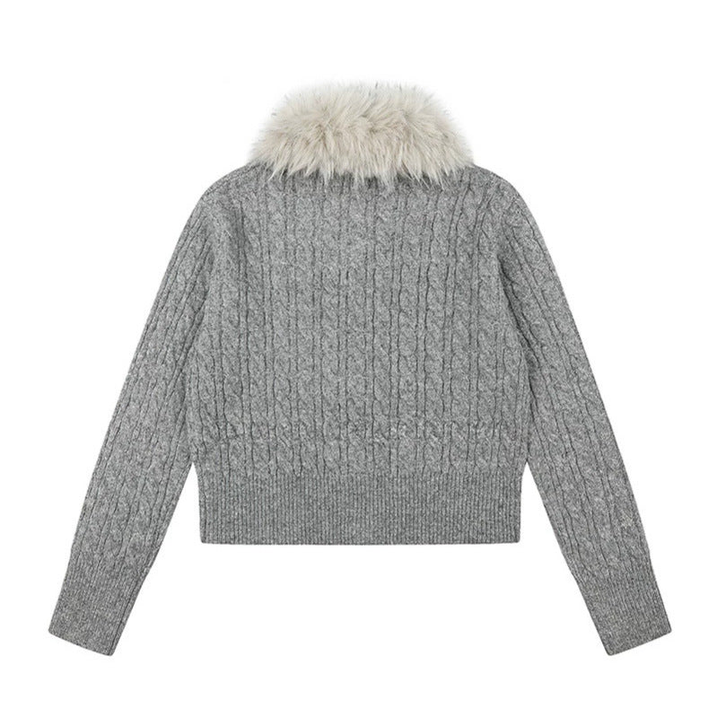 Women's Short Cable Knit Cardigan with Removable Faux Fur Collar and Toggle Button Closure Chichicherry