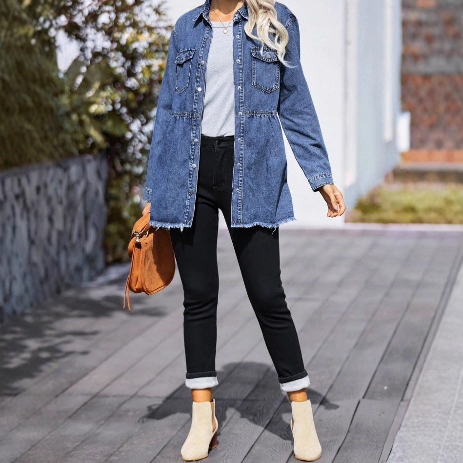 Women's tailored longline denim jacket with gathered waist, snap-button placket & frayed hem Chichicherry