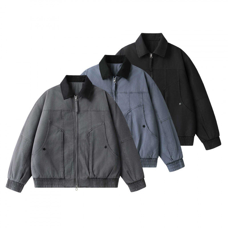 Men's Loose-Fit Worker Bomber Jacket made of Cotton Canvas with Contrast Collar and Drawstring Hem Chichicherry