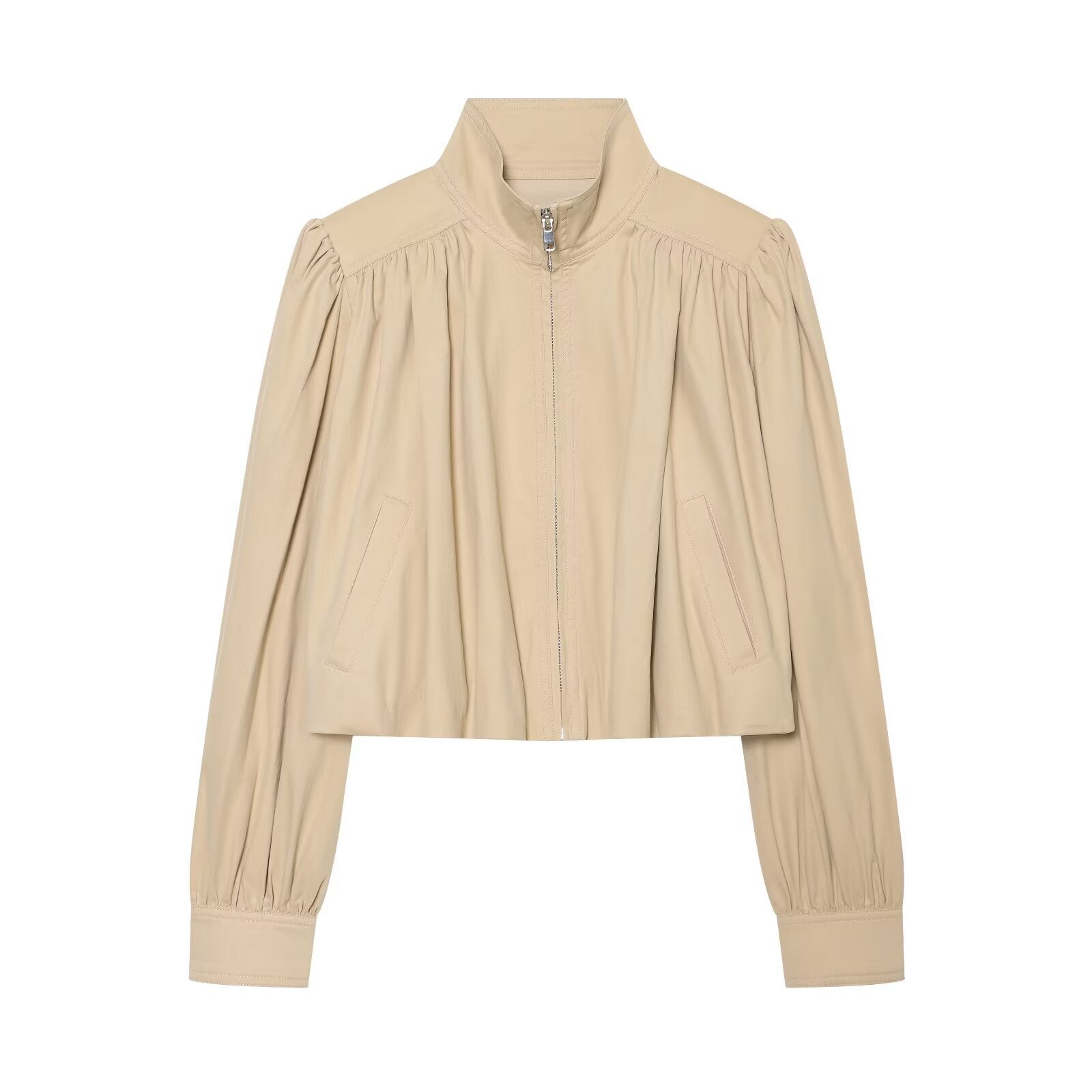 Women’s Lightweight Cropped Jacket with Gathered Shoulders, Stand Collar and Zipper Chichicherry