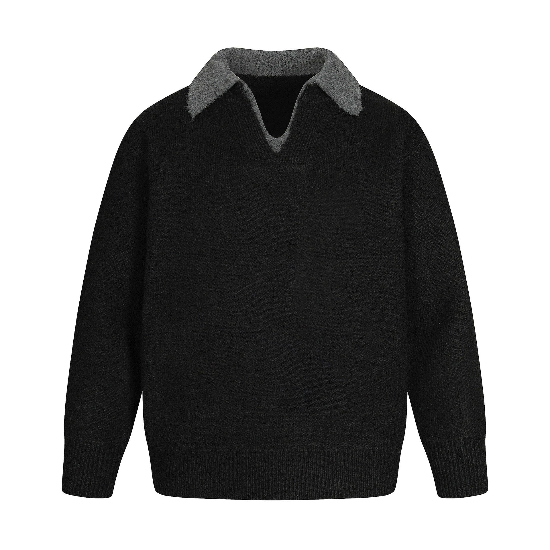 Women Oversize Wool Blend Sweater with Contrast Polo Collar and V-Neck Chichicherry