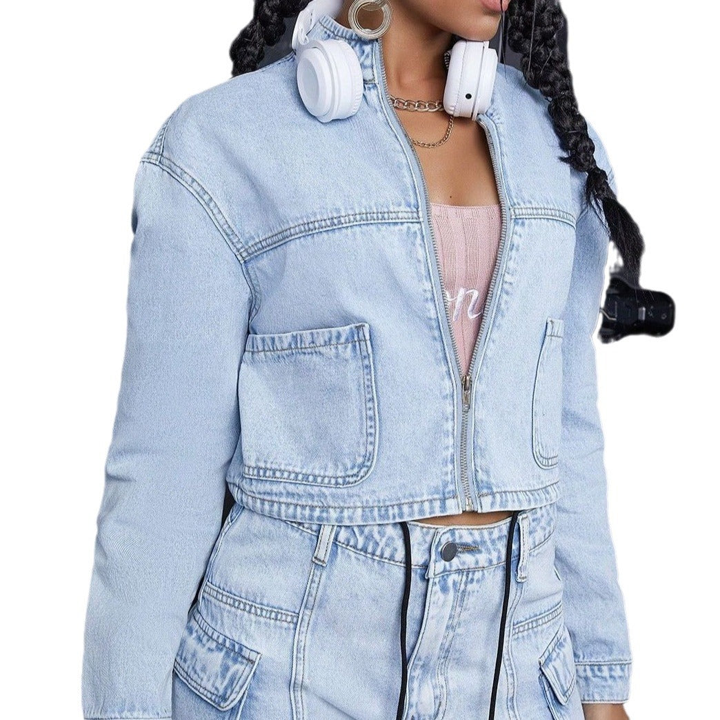 Women Cropped Denim Set consisting of short denim jacket and High-Waist Cargo Jeans Chichicherry