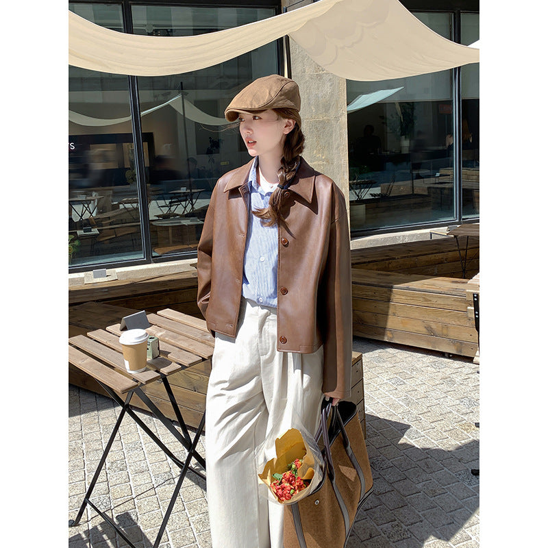Women Short Boxy Leather Jacket with Shirt Collar Chichicherry