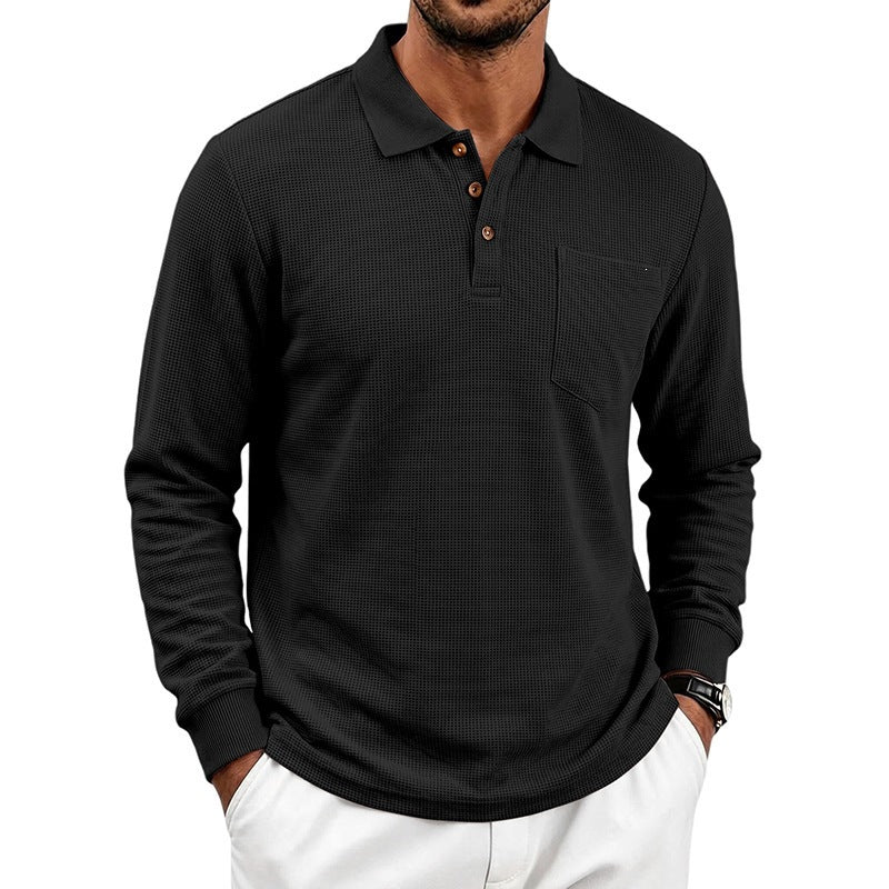 Men's Long Sleeve Waffle Piqué Polo with Button Placket and Chest Pocket Chichicherry