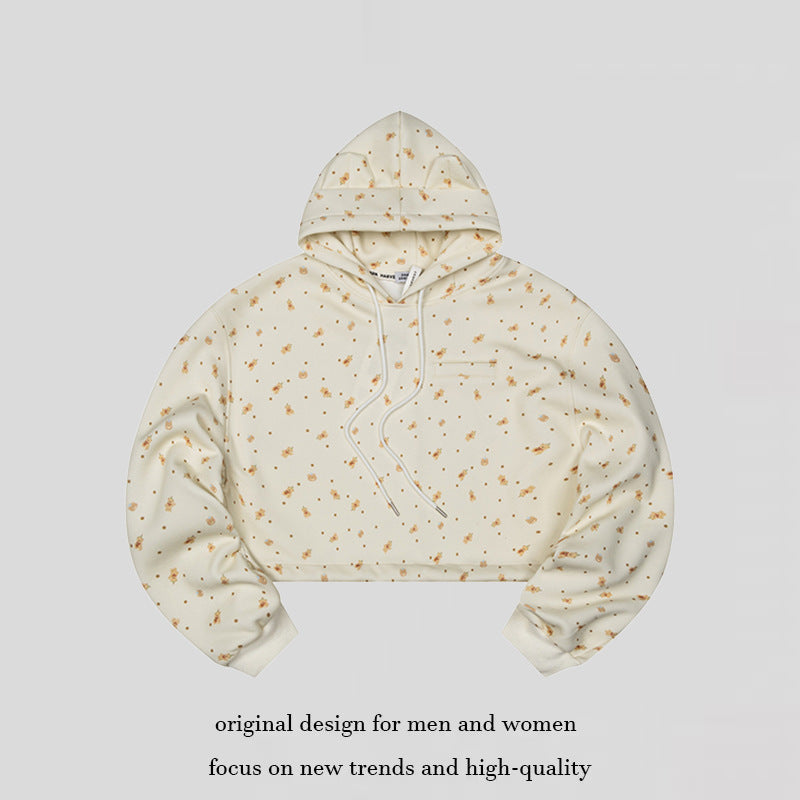 Women's Cropped Hoodie Sweatshirt with Allover Floral Print, Chest Pocket and Ruffled Hem Chichicherry