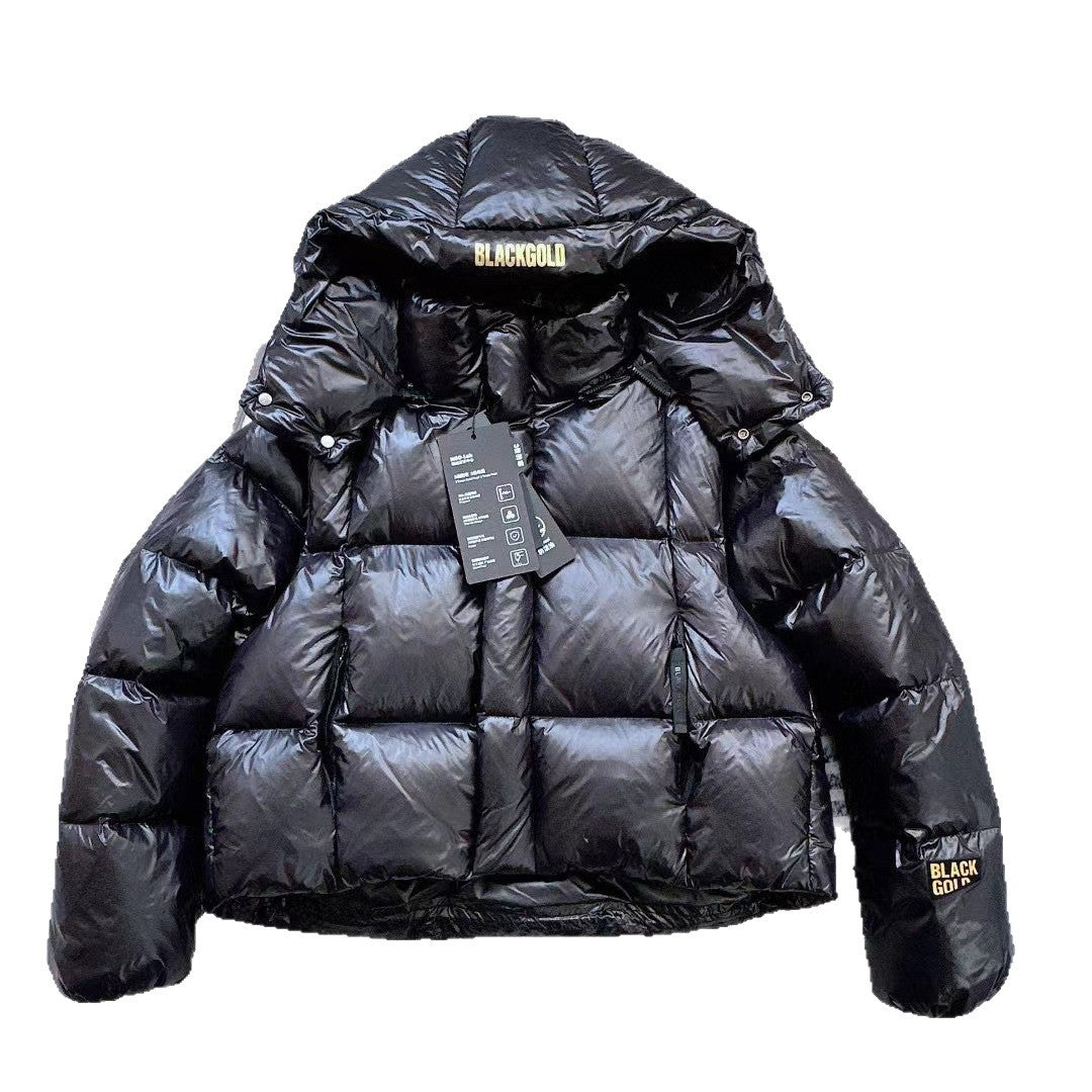 Women's short-cut glossy down jacket with hood and distinctive check quilting Chichicherry