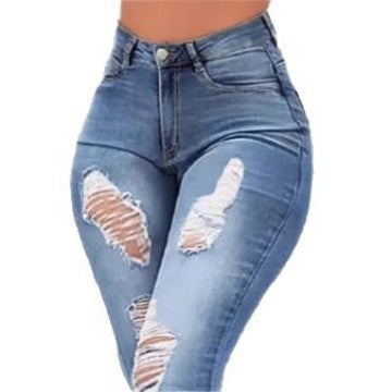 Women High-Waist Flared-Jeans with sculpting cut, destroyed knee parts and frayed ruffle hem Chichicherry