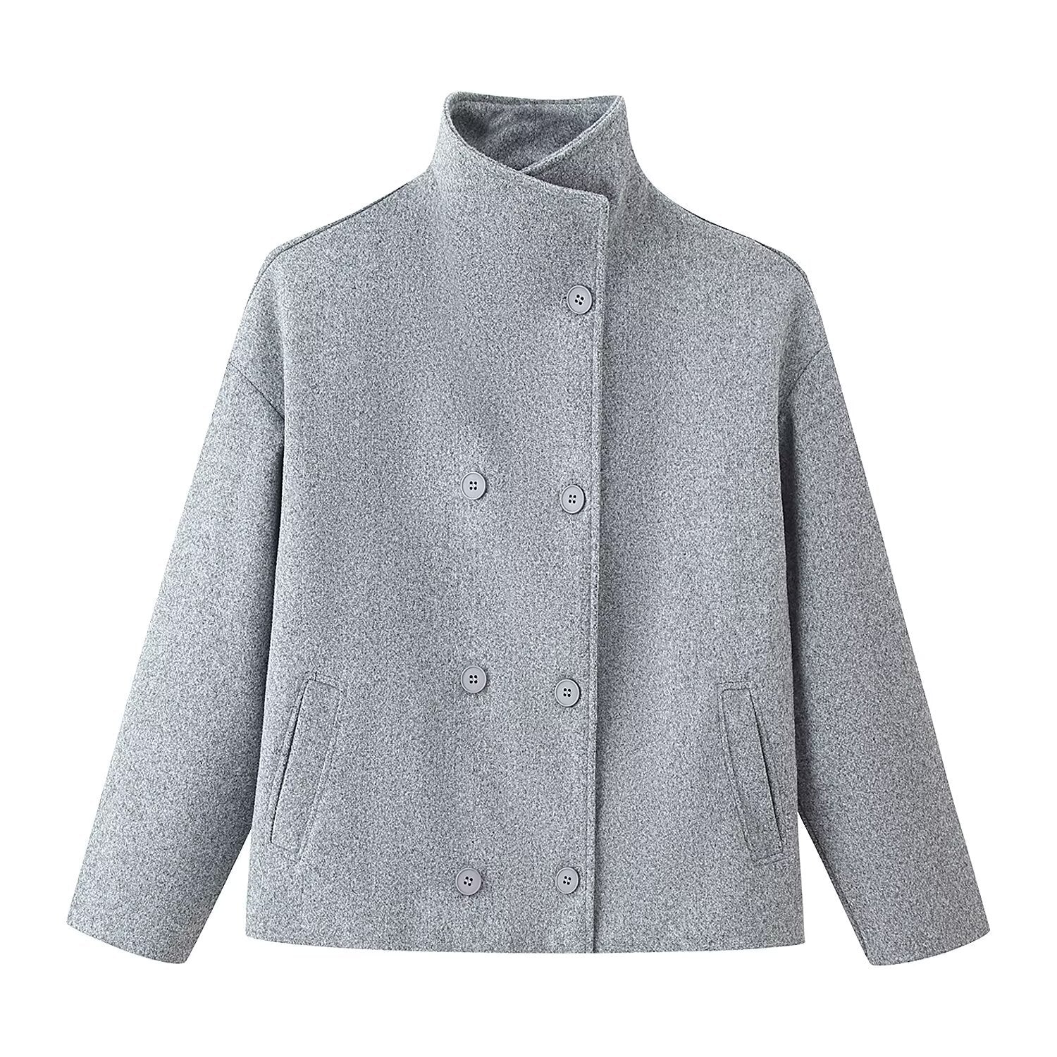 Women's Boxy Double-Breasted Short Coat made of Wool Blend with Stand-Up Collar Chichicherry