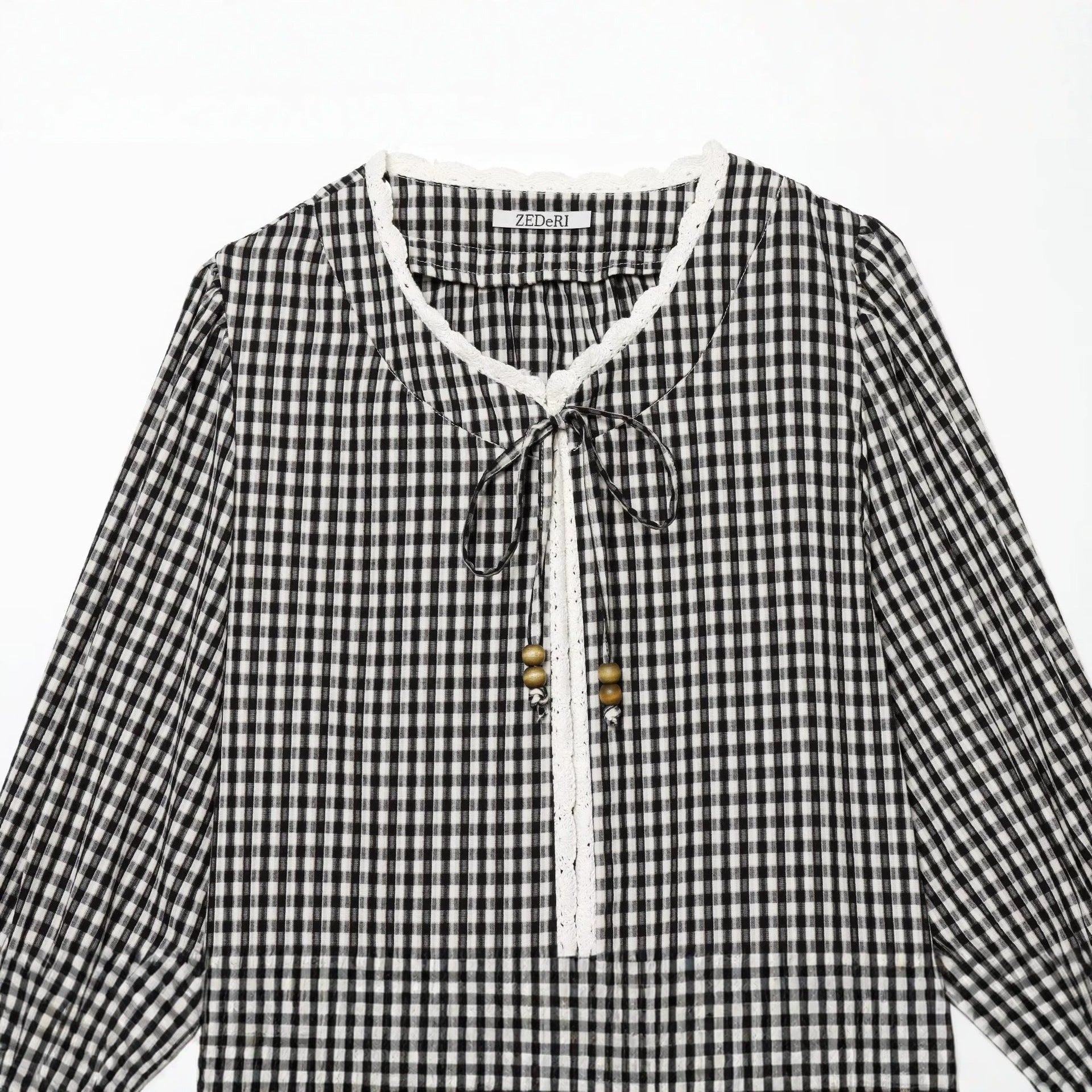 Ladies Vichy Check Blouse with Lace Trim, Tie Band and Three-Quarter Balloon Sleeves Chichicherry
