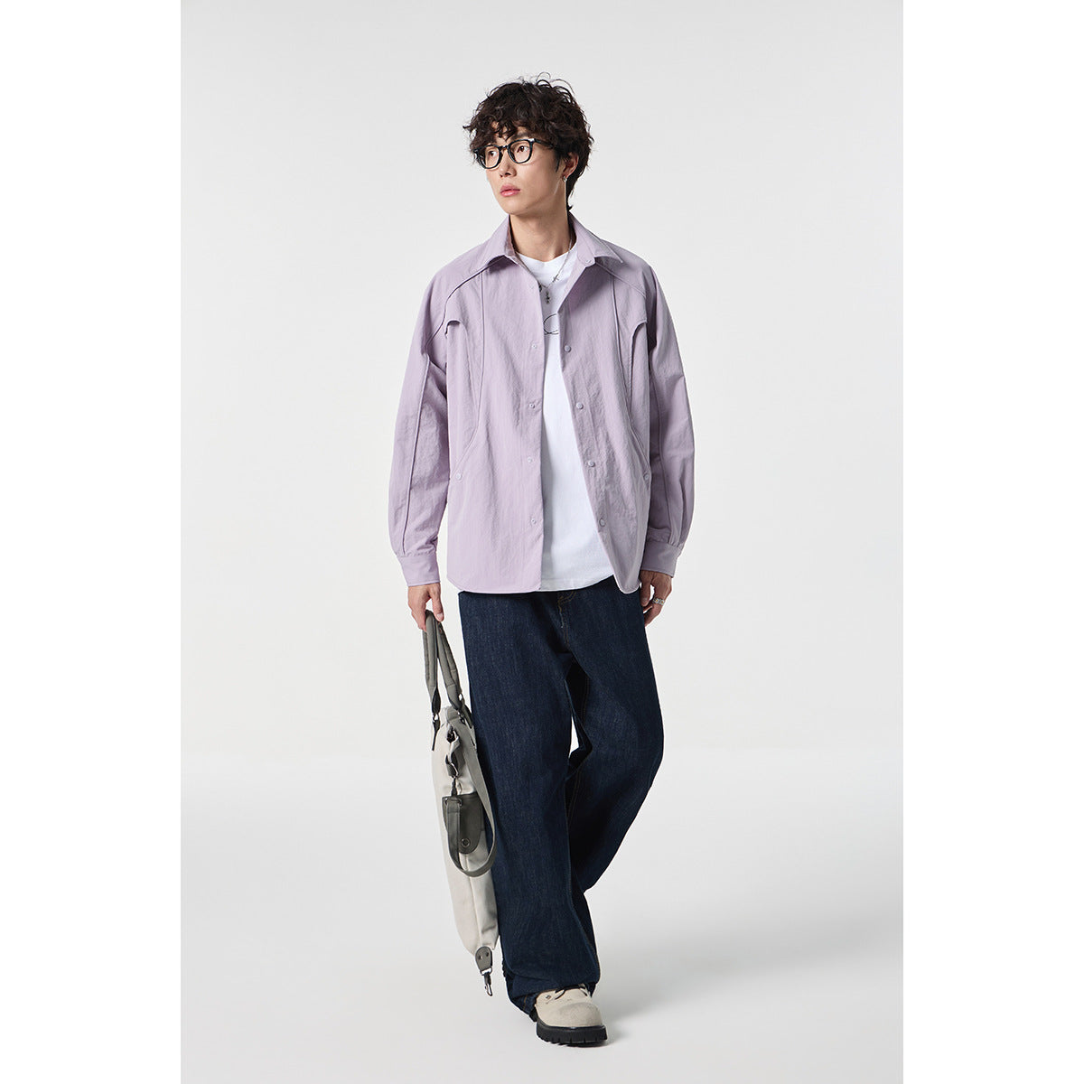 Women's Oversized Shirt Jacket with Curved Seam and Snap Button Placket Chichicherry