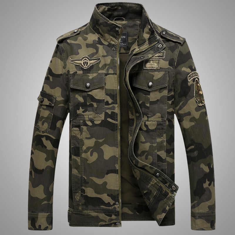 Men's camouflage field jacket made of durable canvas with epaulettes, multiple pockets and stand-up collar Chichicherry