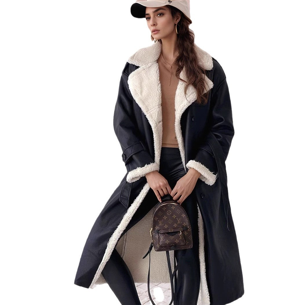 Women's Long Coat with Teddy Lining, Double-Breasted Button Placket and Tailored Fit Chichicherry