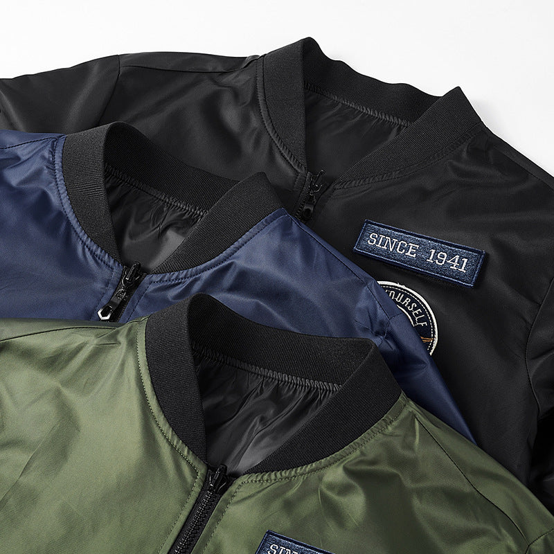 Men's Lightweight Nylon Bomber Jacket in Aviator Style with Patch Details and Arm Pocket Chichicherry