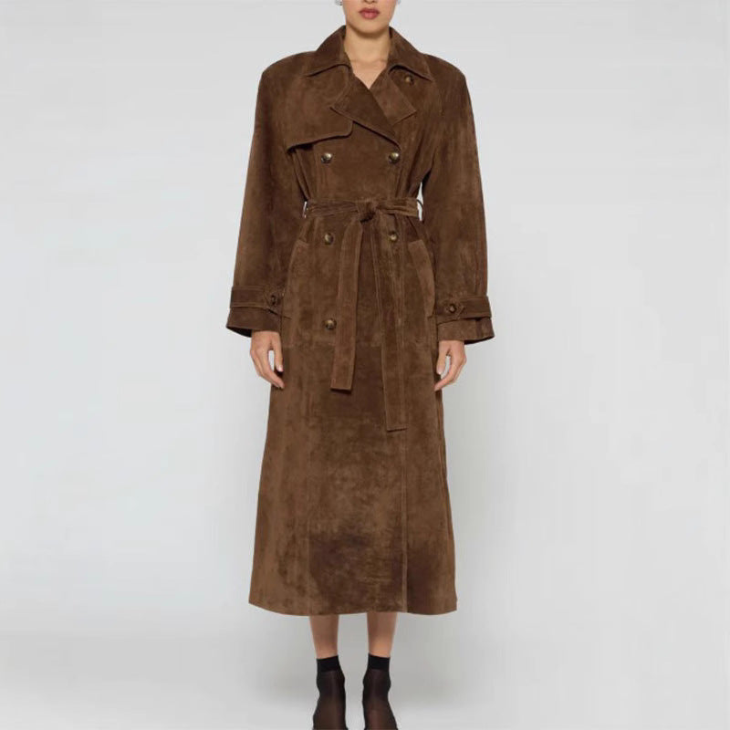 Women's Long Suede Jacket in a Minimalist Trench Look with Soft Lapels Chichicherry