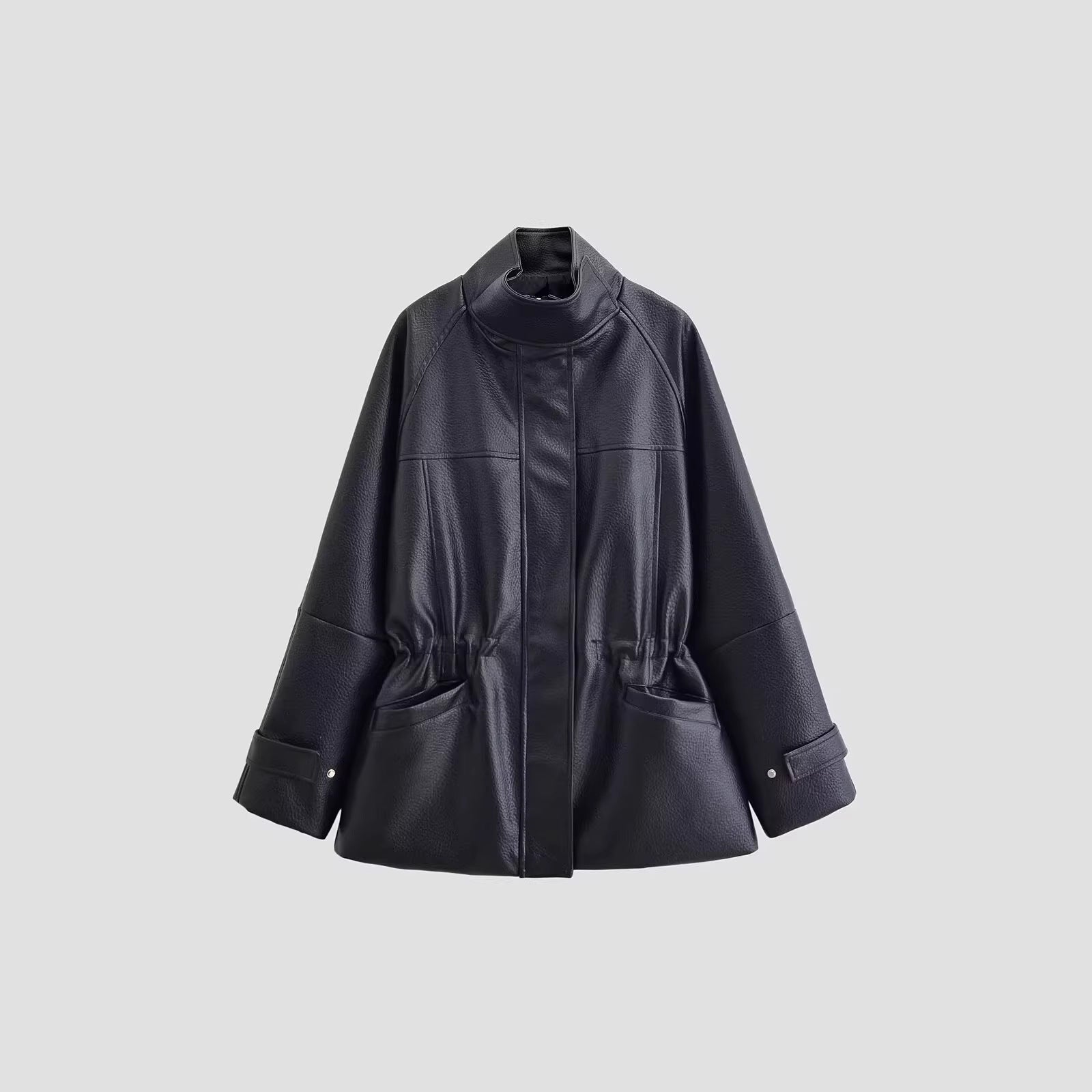 Women's Oversized Faux Leather Jacket with Stand Collar, Waist Drawstring and Patch Pockets Chichicherry