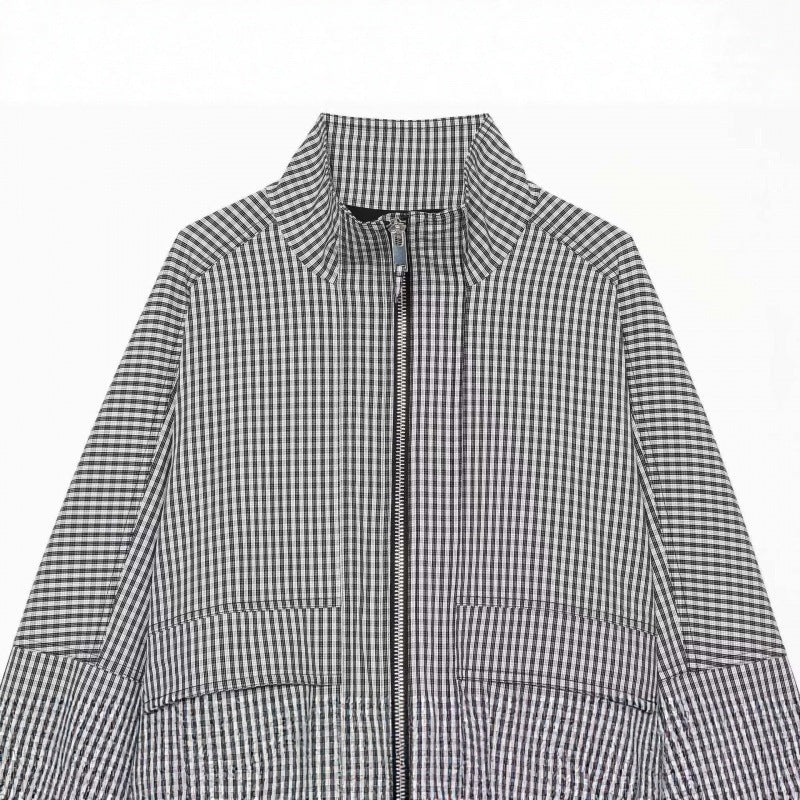 Women Cropped Boxy Jacket in Vichy Check with Stand Collar and Two-Way Zipper Chichicherry