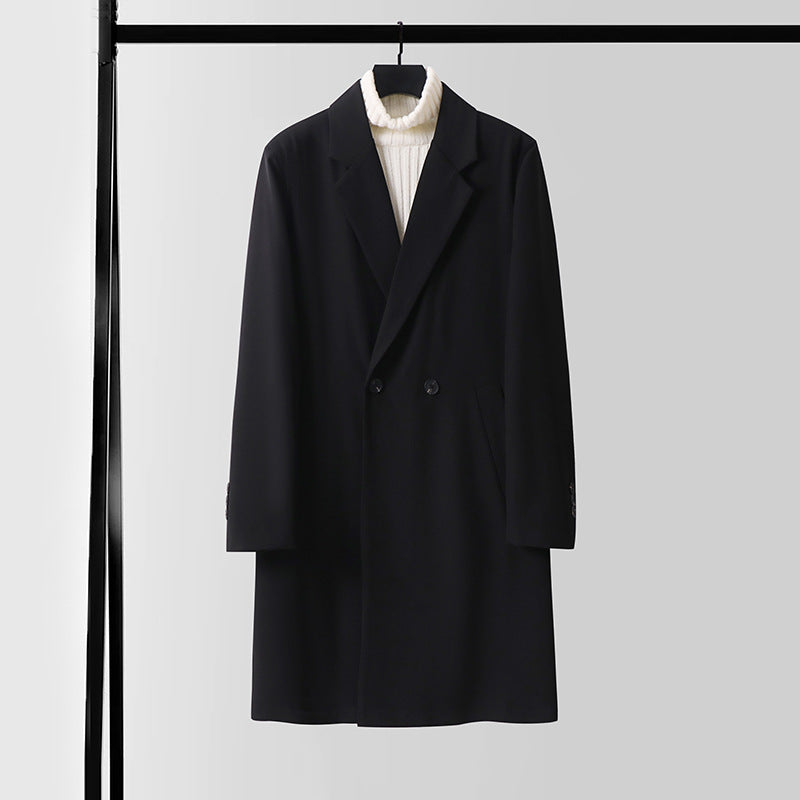 Men's Double-Breasted Wool Blend Coat with Extended Length and Classic Lapels Chichicherry