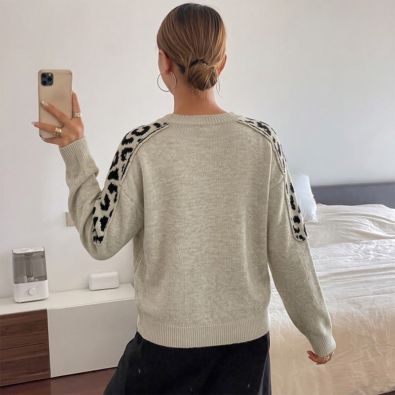 Women's Oversize Knit Sweater with Leo Jacquard Shoulder Inserts Chichicherry
