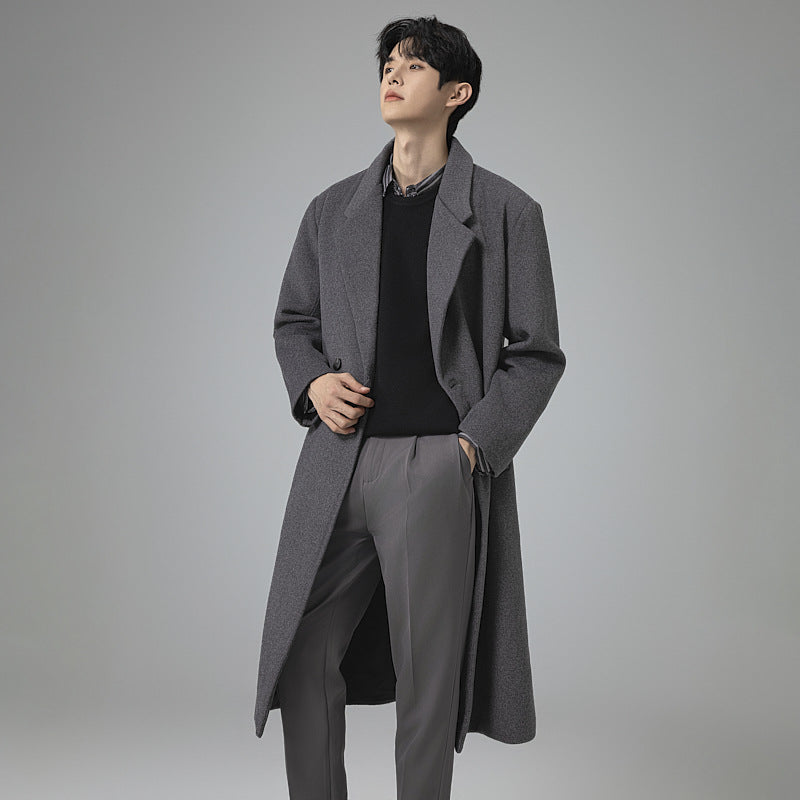 Men's Elegant Long Wool Blend Coat with Downfall Shawl Collar and Clean Single Breasted Chichicherry