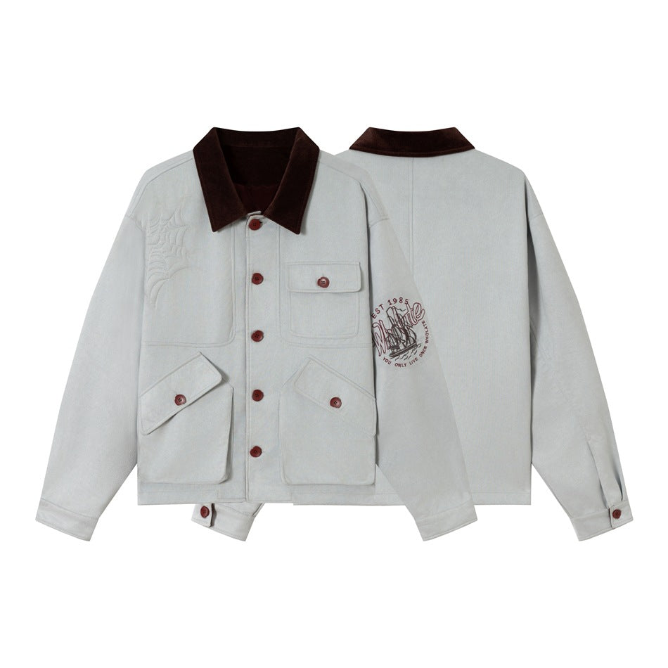 Unisex Boxy Blouson Jacket made of cotton velvet with cord collar, embossed embroidery details and patch pockets Chichicherry