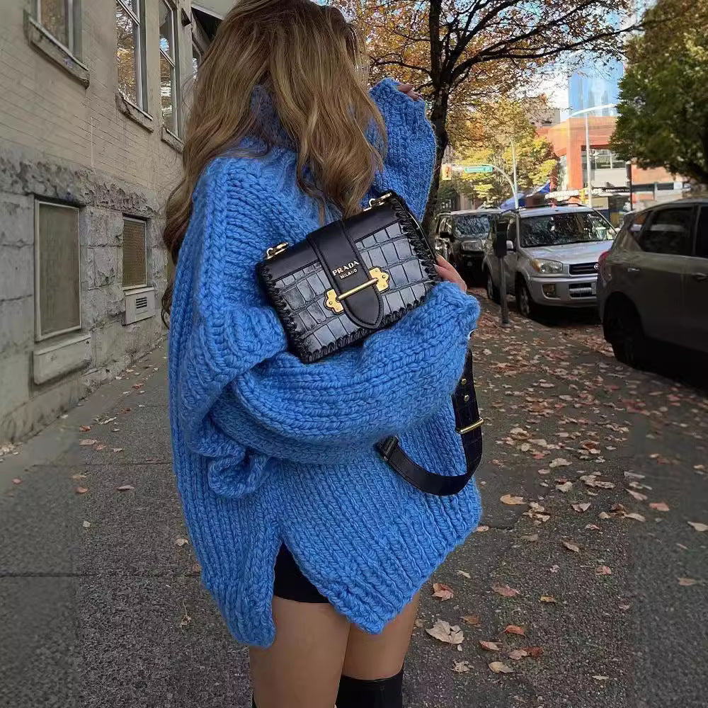Damen Oversize Grobstrickpullover mit hohem Rollkragen Chichicherry