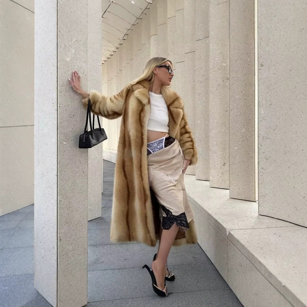 Women’s longer luxurious fur coat with wide lapels and concealed button placket Chichicherry