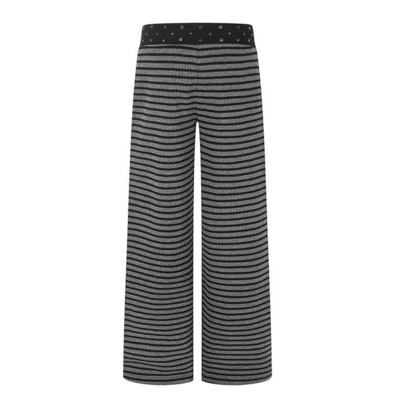 Women's Striped Palazzo Relax Pants with Studded Waistband and Drawstring Chichicherry