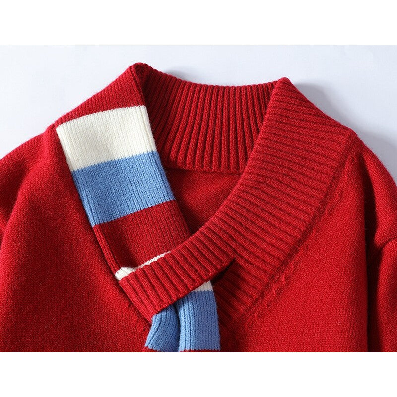 Men's V-neck knitted sweater with integrated contrast stripe scarf and ribbed cuffs Chichicherry