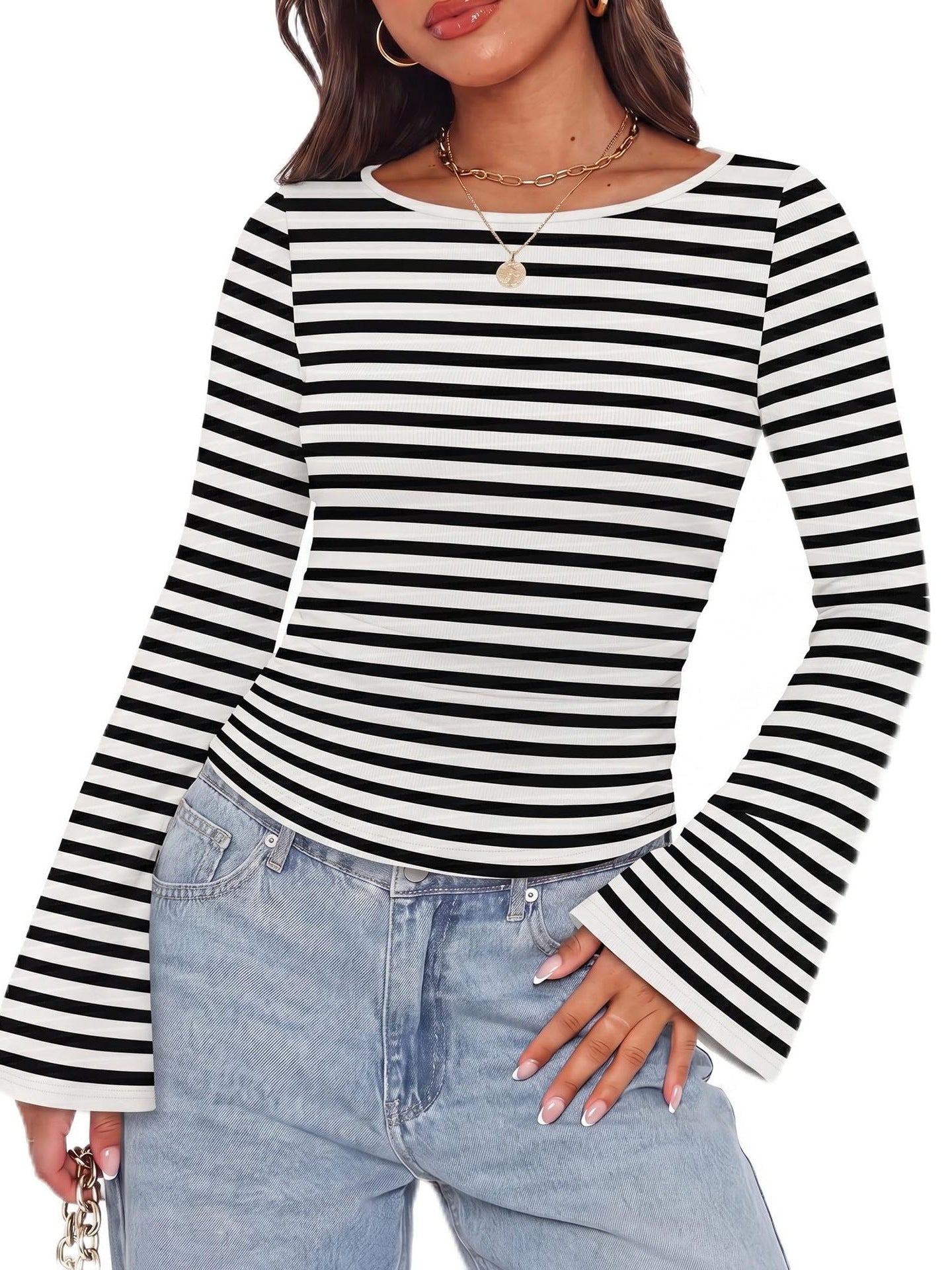 Women's Ribbed Long Sleeve Shirt with Ruffles, Trumpet Sleeves and Contrast Trim Chichicherry