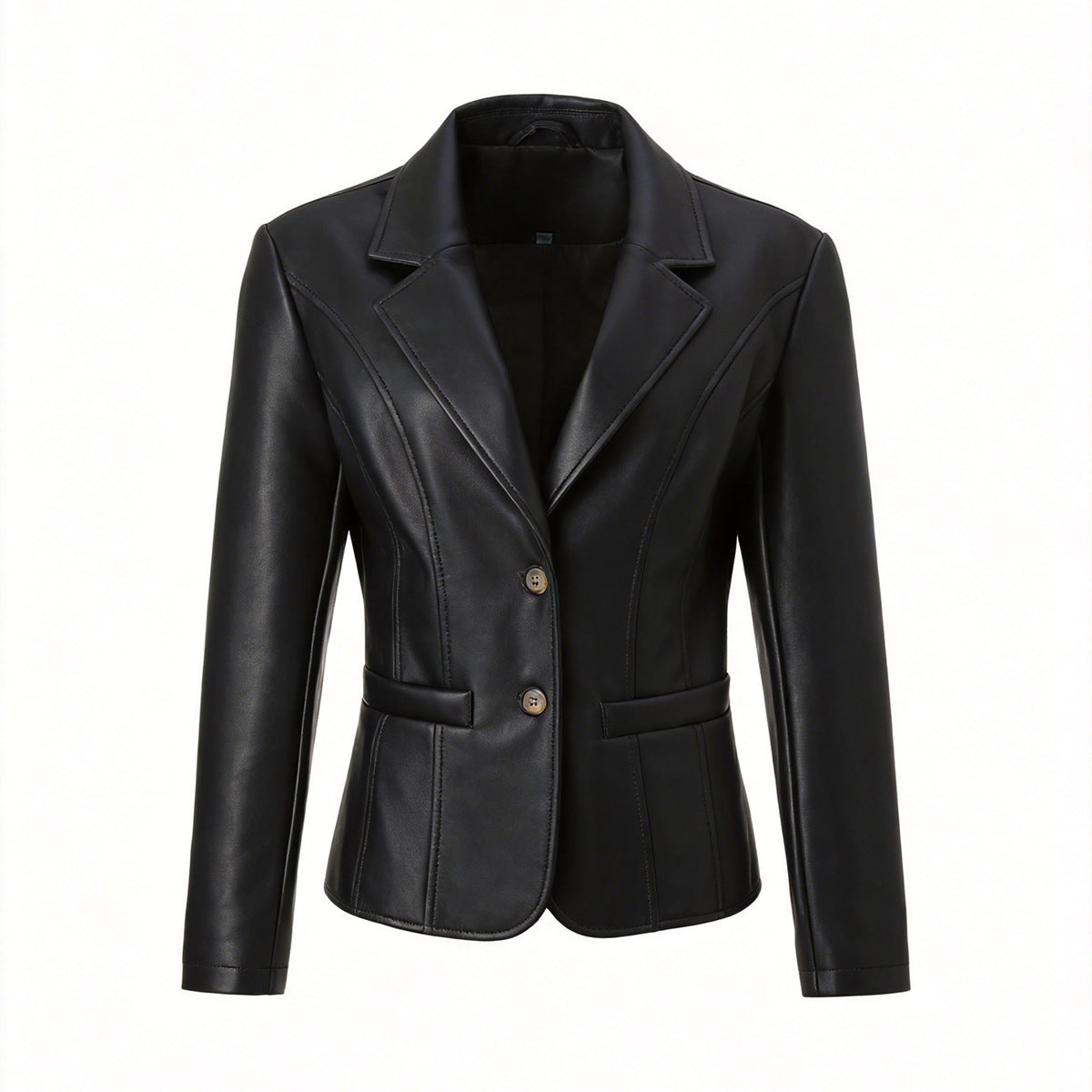 Women's short-cut synthetic leather jacket with round neck and patch pockets Chichicherry