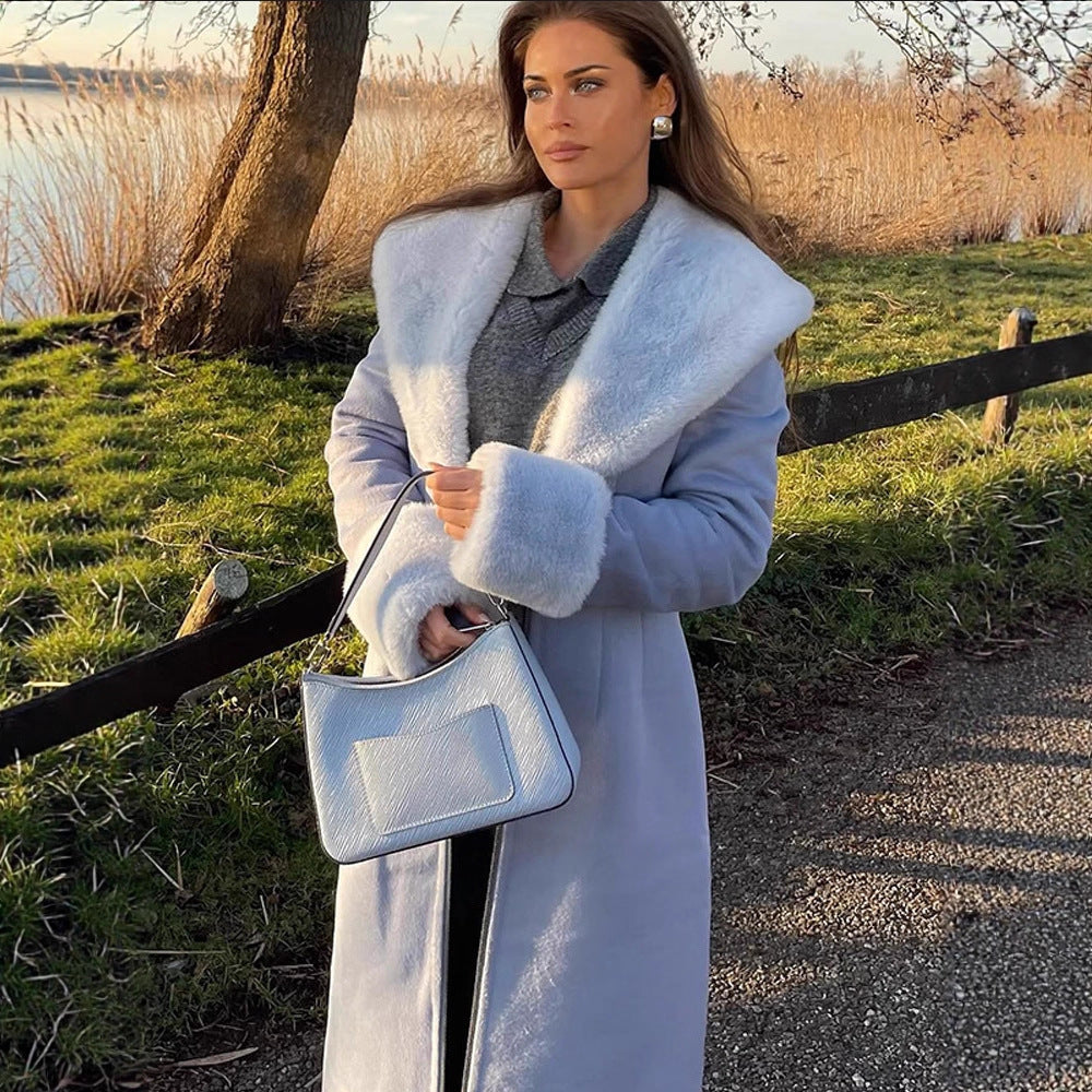 Women Elegant long-cut coat made of velour look with voluminous faux fur shawl collar Chichicherry