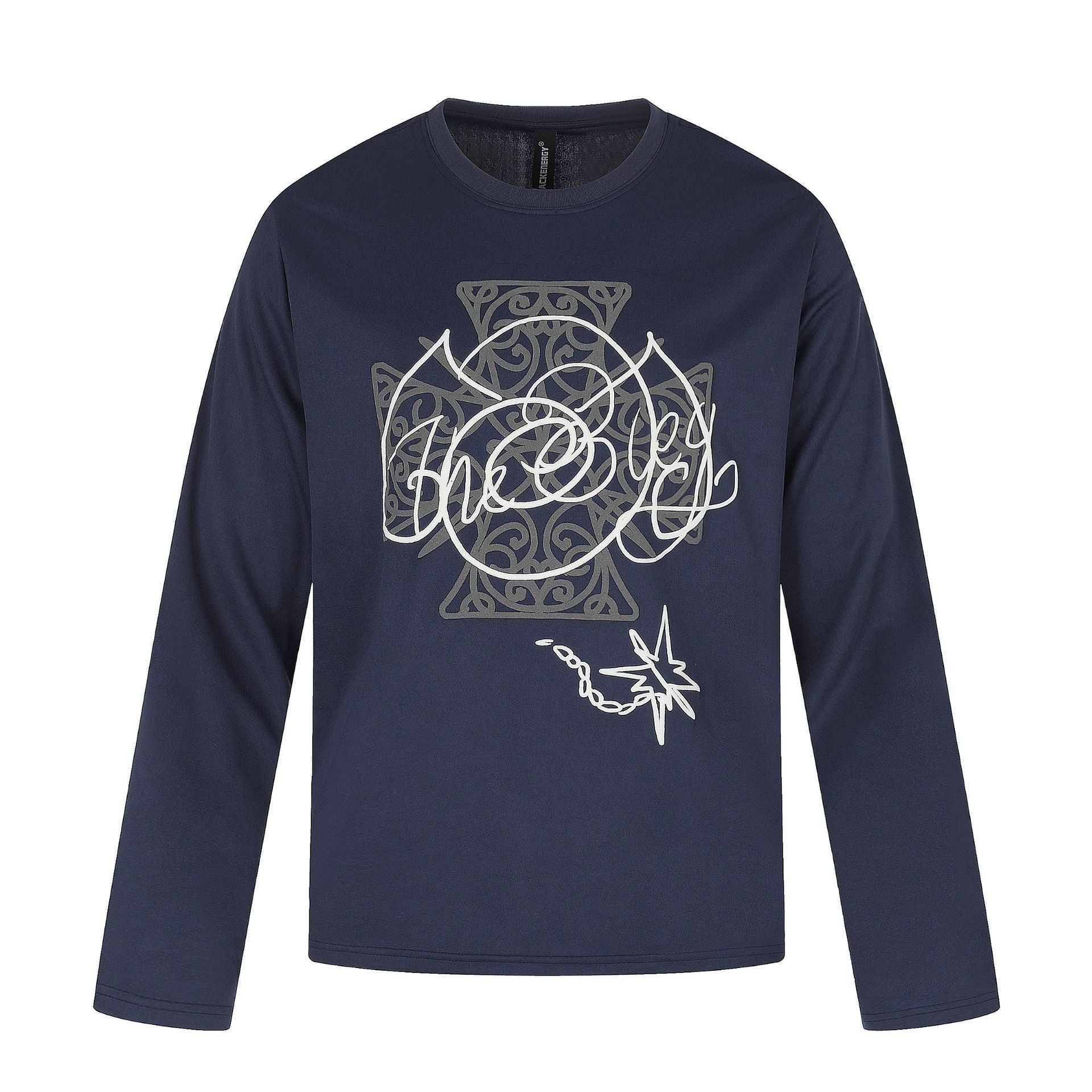 Women's Long Sleeve Round Neck Shirt with Decorative Print Chichicherry