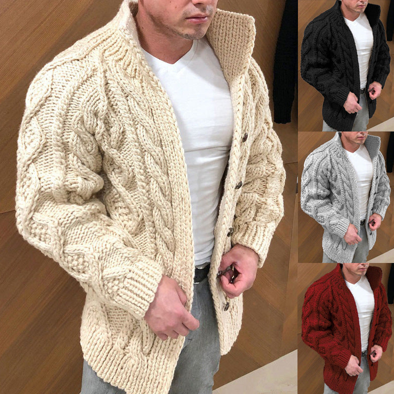 Men's Chunky Cable Knit Cardigan with High Standing Collar and Horn Buttons Chichicherry