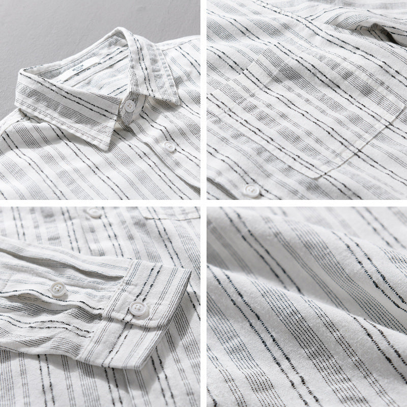 Men's Lightweight Linen-Cotton Shirt in Striped Relief with Kent Collar and Chest Pocket Chichicherry