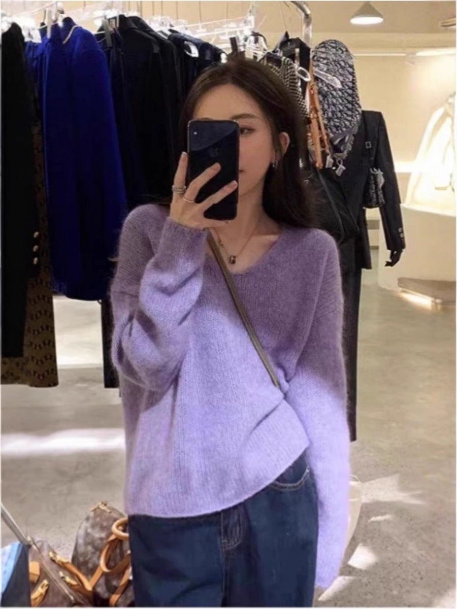 Women Oversize V-Neck Mohair-Look Sweater with Angora-Look and Dropped Shoulder Chichicherry