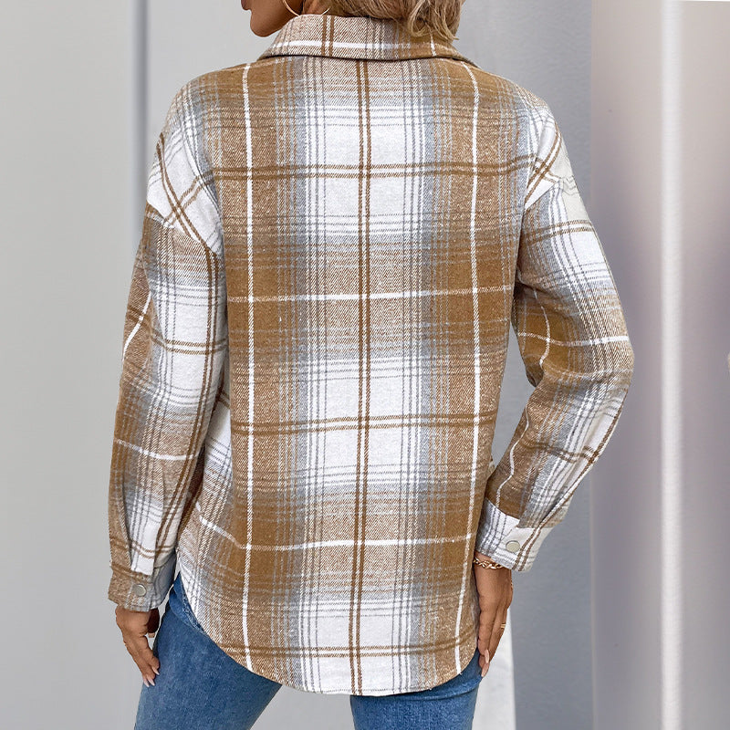 Women's Checked Half-Zip Shirt with Chest Pocket and Casual Oversized Fit Chichicherry