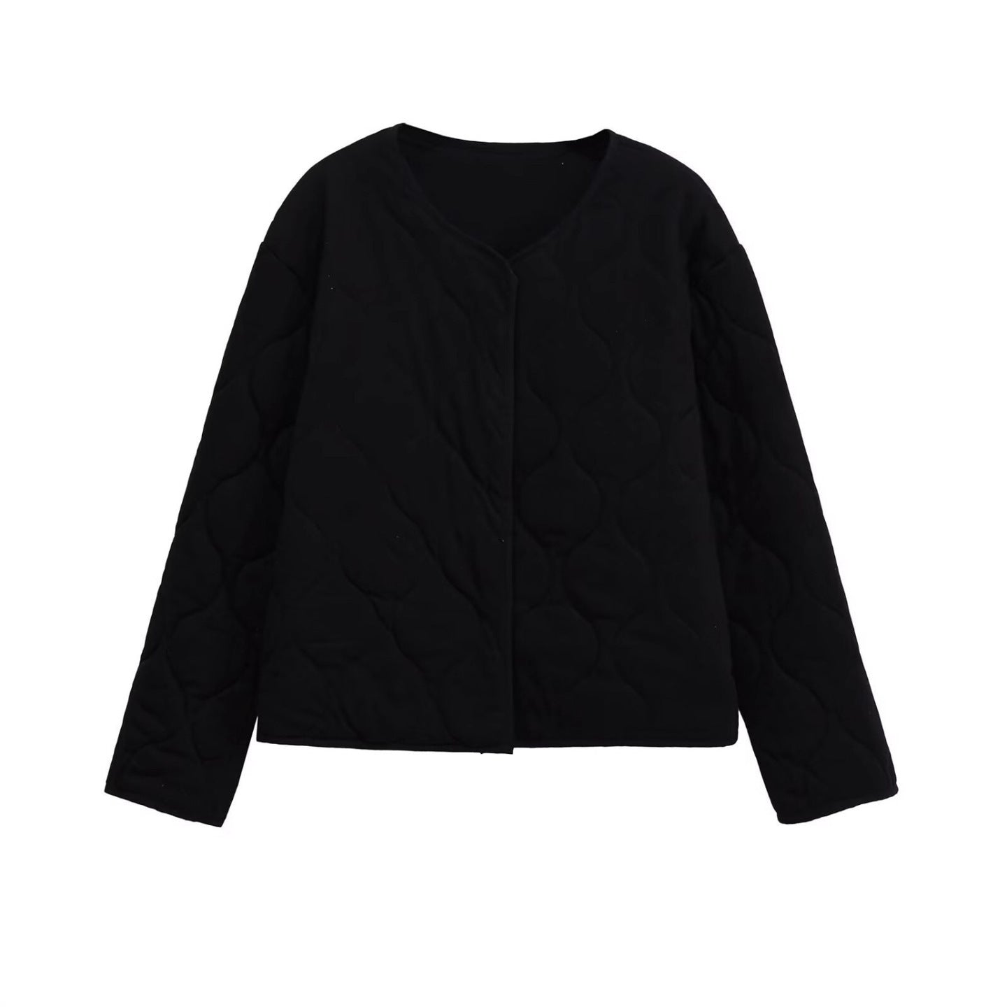 Ladies Quilted Short Jacket in Oversized Cut with Round Neck and Wave Stitching Chichicherry