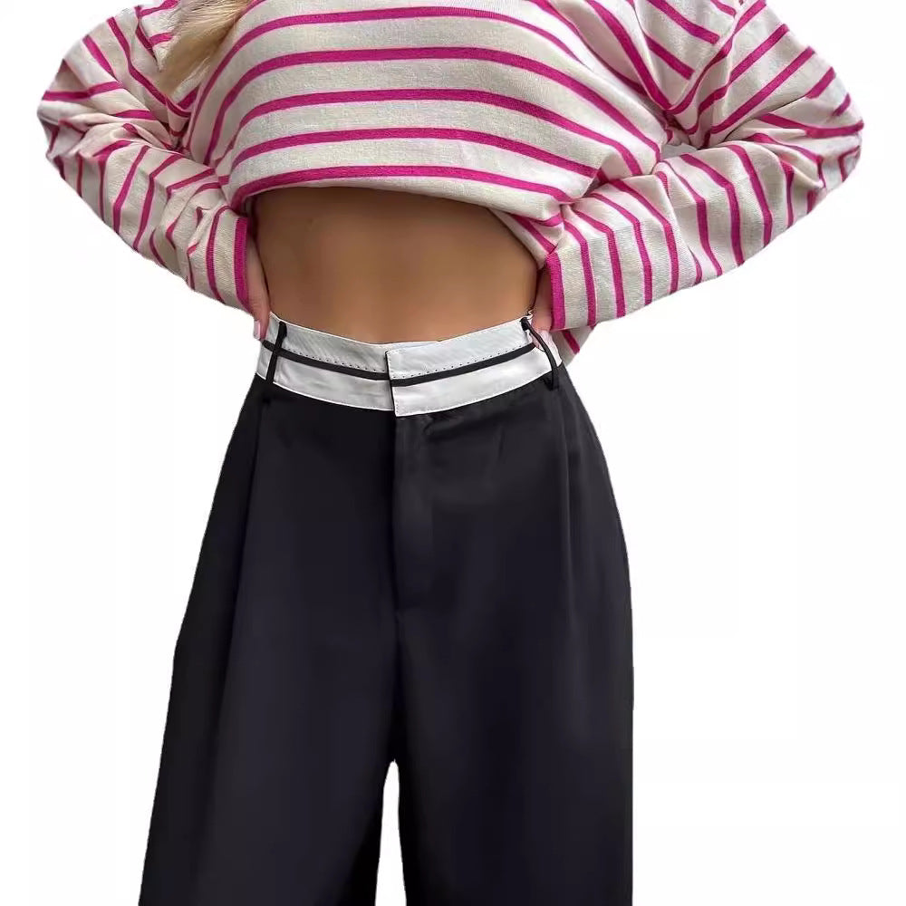 Damen Hochtaillierte weite Bundfaltenhose mit Kontrastbund Chichicherry