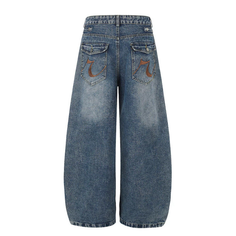 Women's Wide Denim Palazzo Jeans with Decorative Stitching and Decorative Button Details Chichicherry