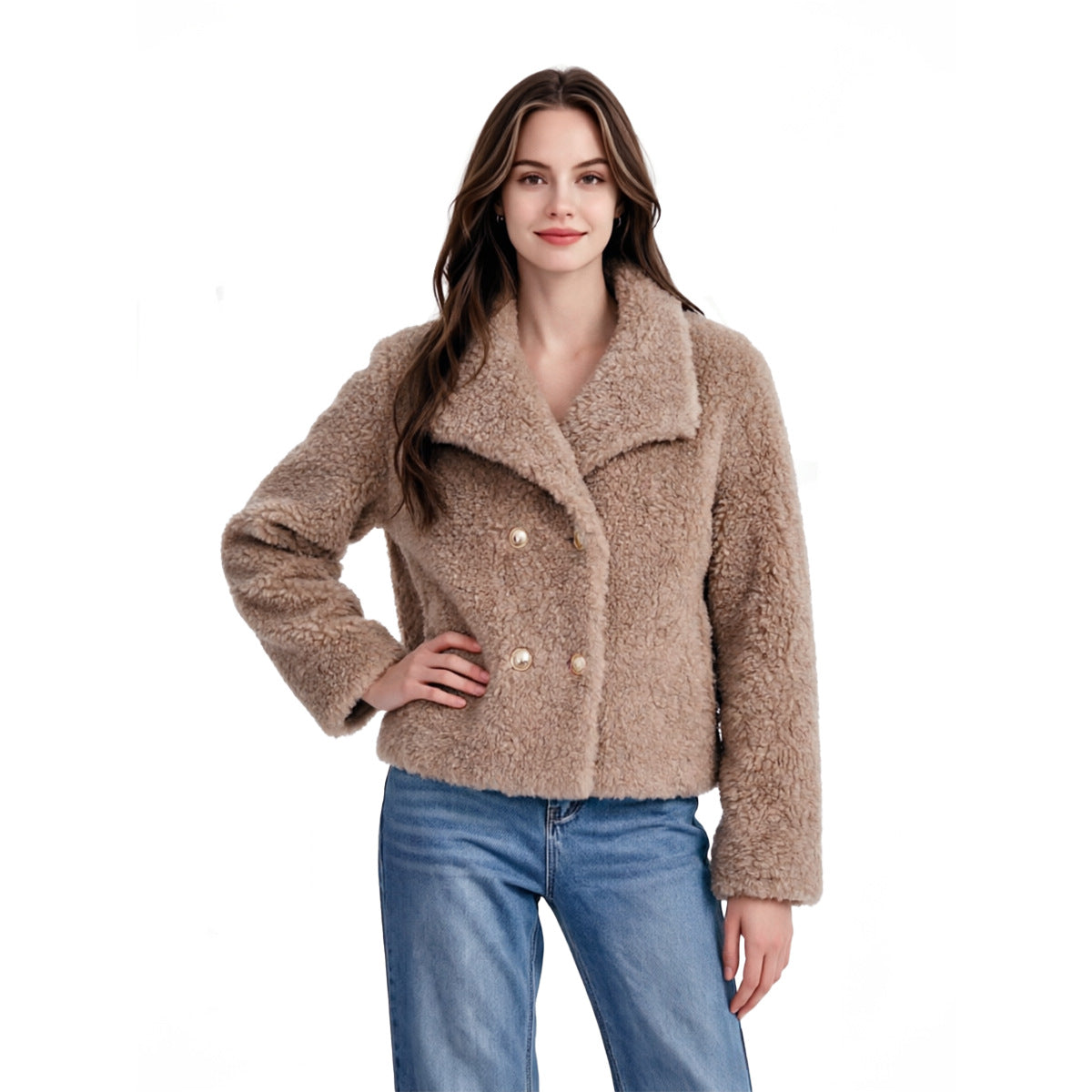 Women Short Cut Teddy Fur Jacket with Double Button Placket Chichicherry