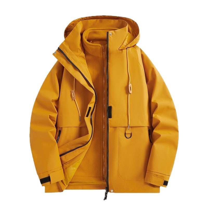 Men's Multi-layer Softshell Utility Jacket with Integrated Fleece Inner Jacket, Drawstring Hood and Multi-functional Pockets Chichicherry