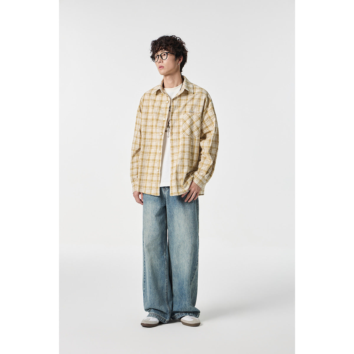 Unisex Oversize Check Shirt Jacket made of lightweight cotton blend with a patch chest pocket Chichicherry