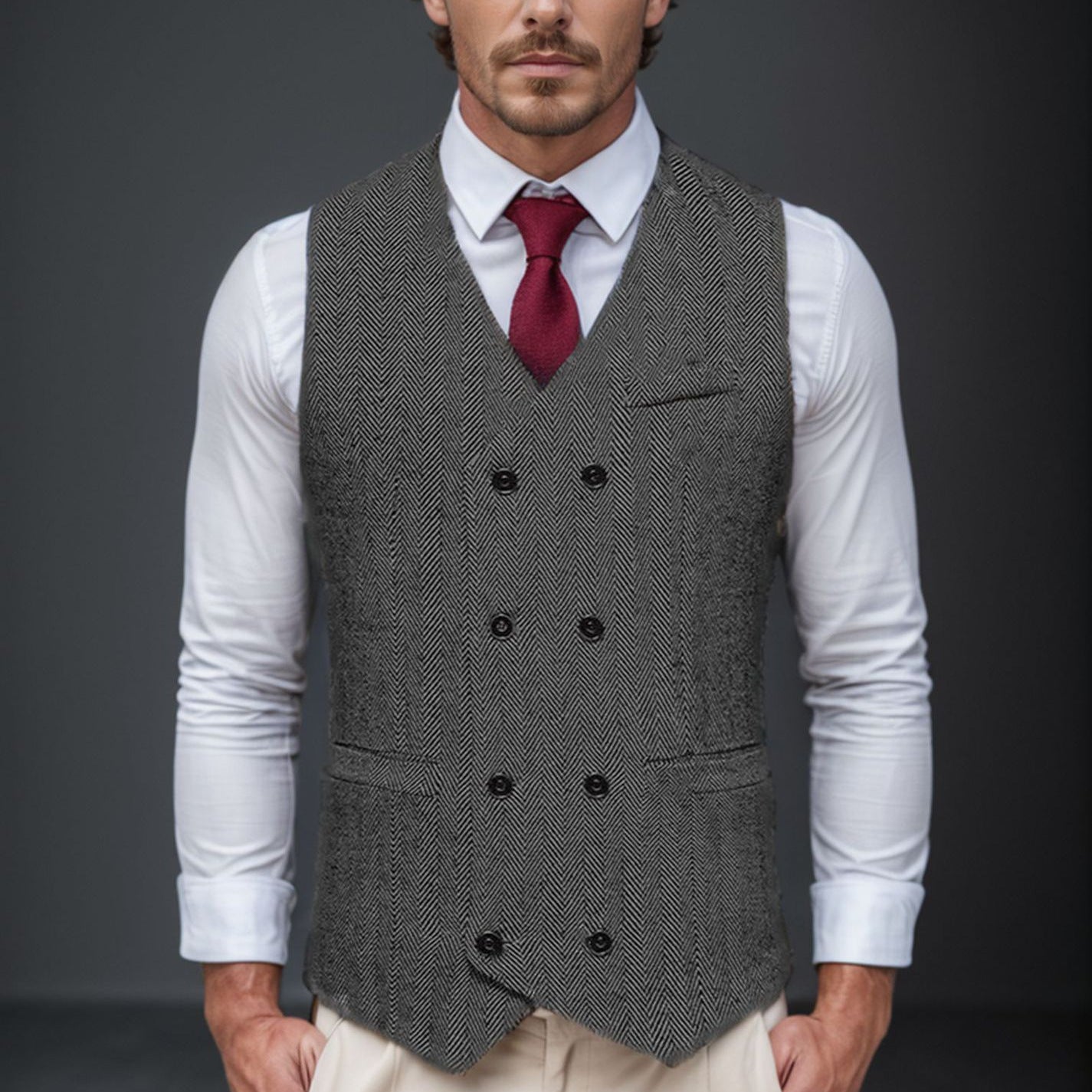 Men's Double-Breasted Herringbone Vest with Suit Look and V-Neck Chichicherry